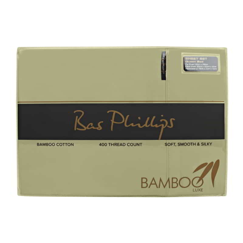 alt="Front packaging details of an olive green bamboo cotton sheet set"