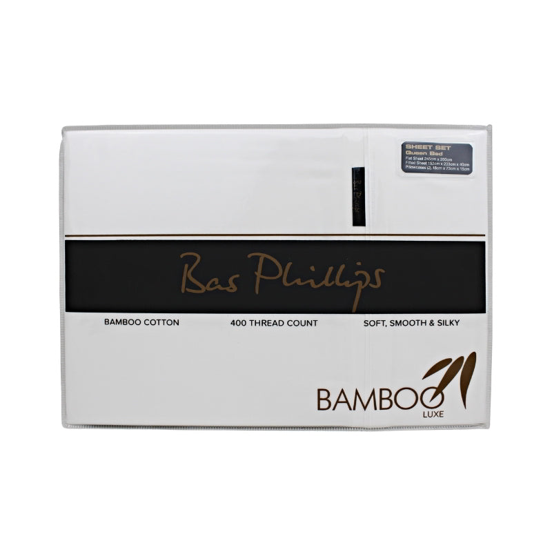 alt="Front packaging details of a white bamboo cotton sheet set"