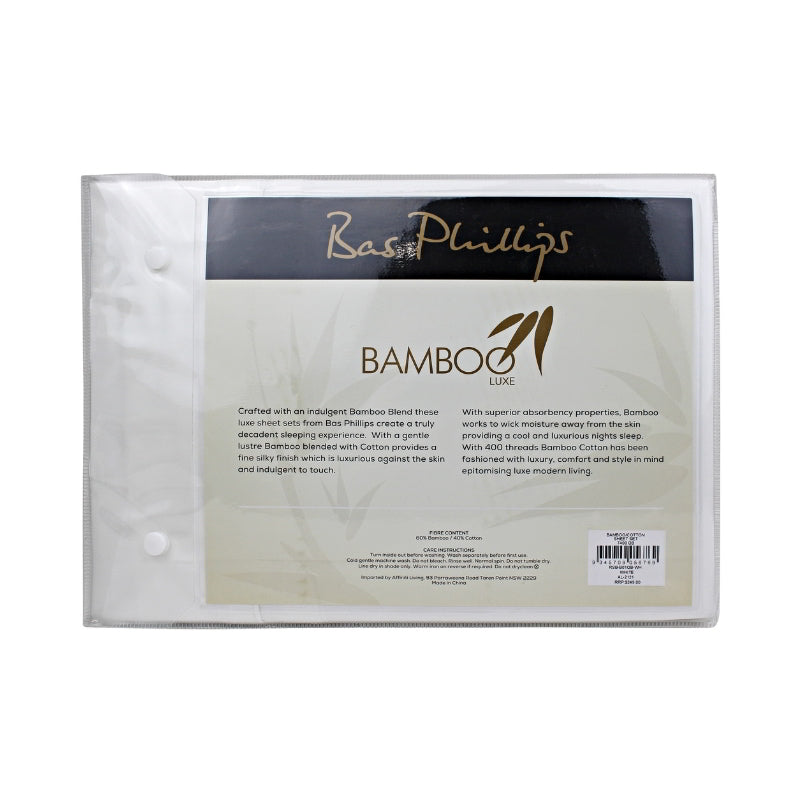 alt="Back packaging details of a white bamboo cotton sheet set"