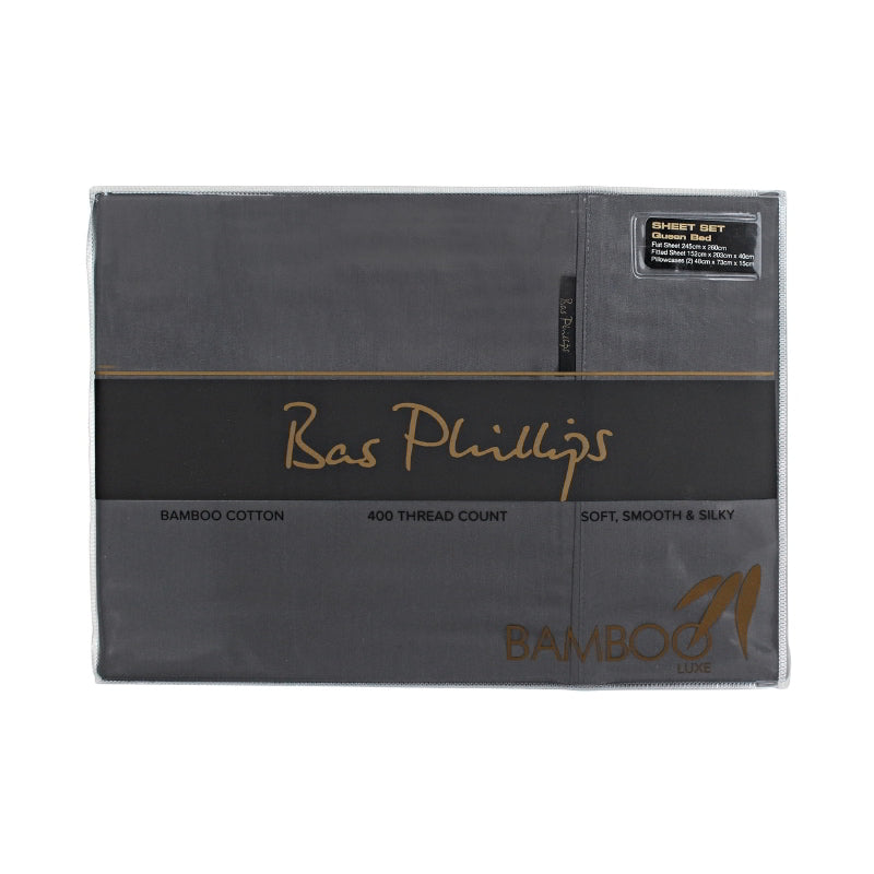 alt="Front packaging details of a charcoal bamboo cotton sheet set"