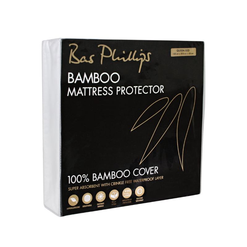 alt="Side details of the packaging of white bamboo mattress protector" 