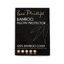  alt="Front details of the packaging of white cotton mattress protector featuring its minimal black packaging design"