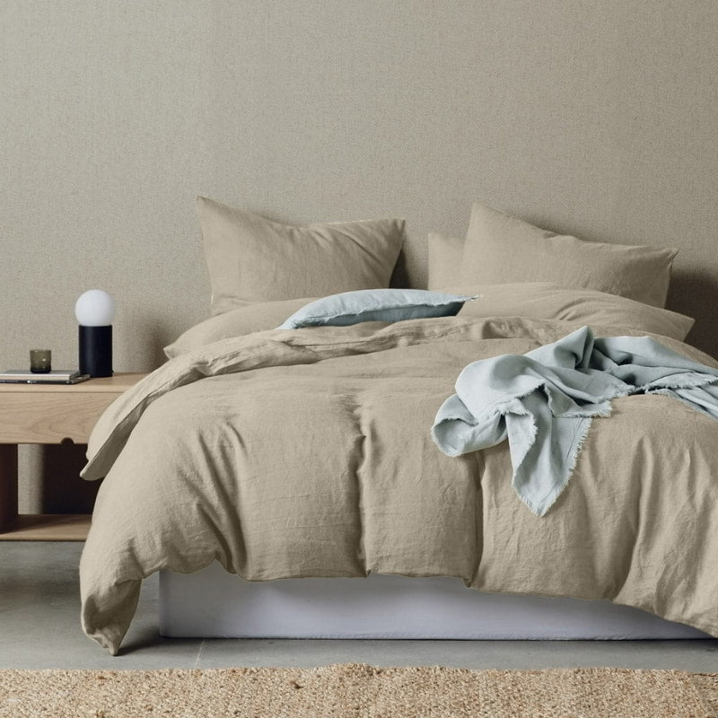 alt="Timeless elegance quilt cover set in a light brown colour scheme to your cosy bedroom"