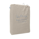 alt="Side details of a nice packaging of timeless elegance quilt cover set in a light brown colour scheme for your cosy bedroom"