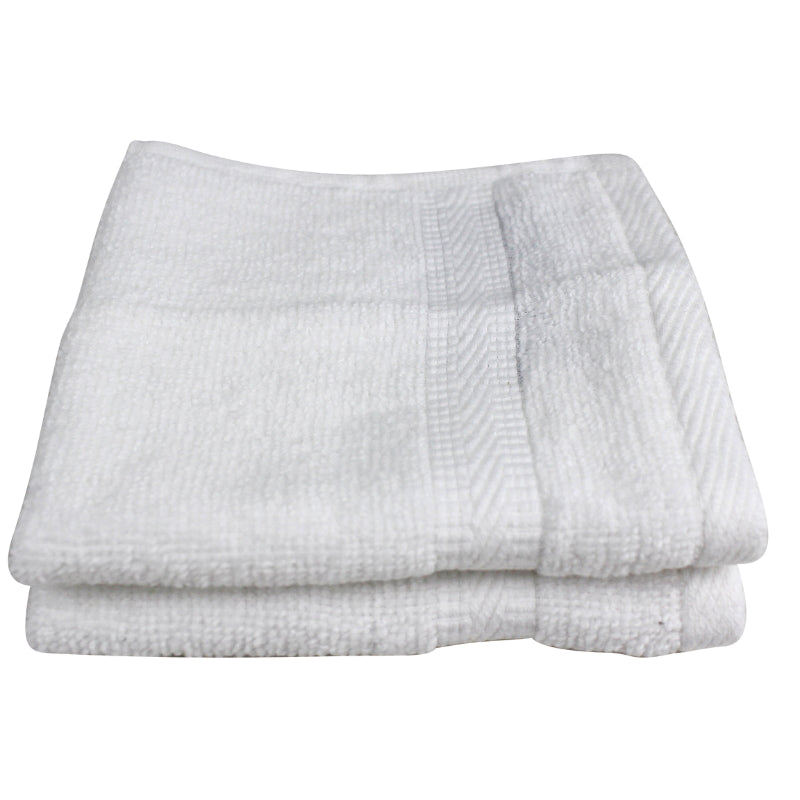 alt="Front details of 2 pack white Face Washer featuring its wonderfully soft velvety texture, softness, and high quality cotton."