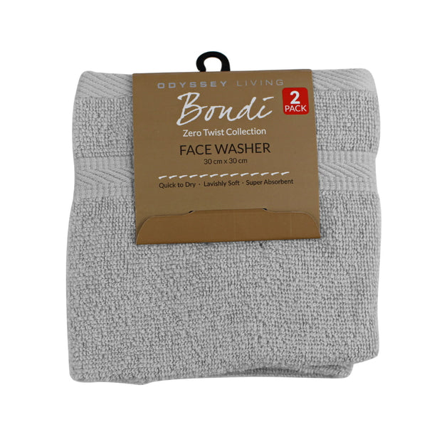 alt="Folded with tag front details of 2 pack silver oasis Face Washer featuring its wonderfully soft velvety texture, softness, and high quality cotton."
