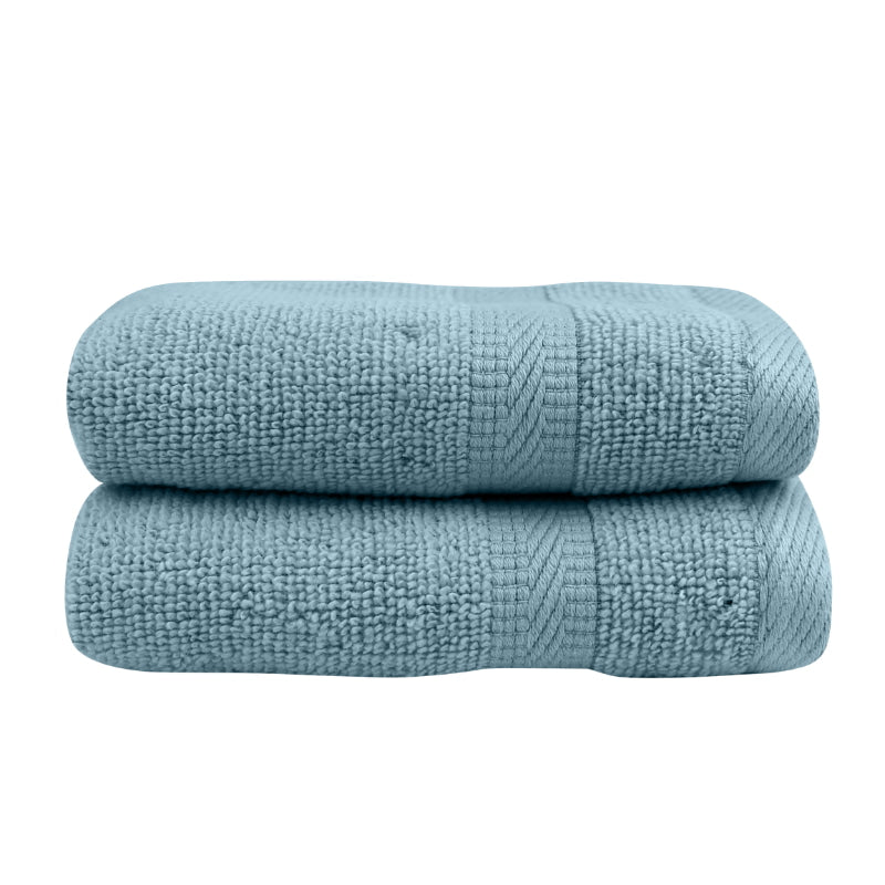 alt="Side details of 2 pack spa blue Face Washer featuring its wonderfully soft velvety texture, softness, and high quality cotton."