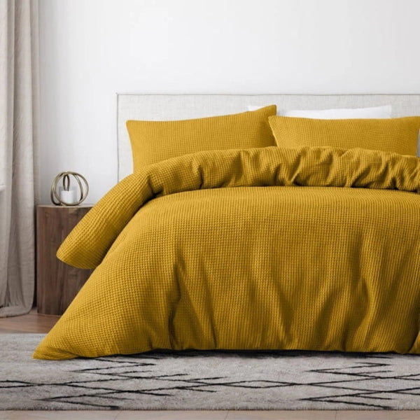 Yellow linen mustard bedding, designed for stylish comfort and durability, perfect for elevating your bedroom aesthetic.