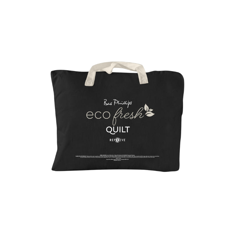 Front packaging details of a minimalist Repreve Ecofresh Quilt that has eco-friendly statement of comfort and sustainability.