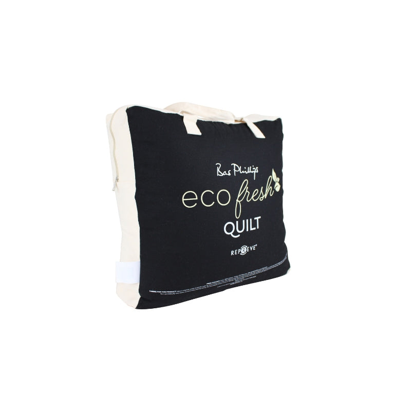 Side packaging details of a minimalist Repreve Ecofresh Quilt that has eco-friendly statement of comfort and sustainability.