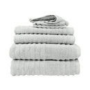 alt="A pile of folded elouera 6 pack towel in silver colour featuring its premium-quality zero twist cotton and ribbed design"