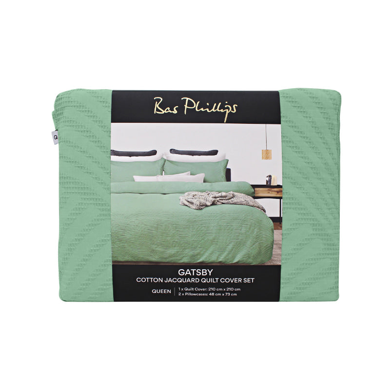 alt="Front details of a nice package of a luxurious quilt cover set available in green hue featuring a subtle yet elegant design"