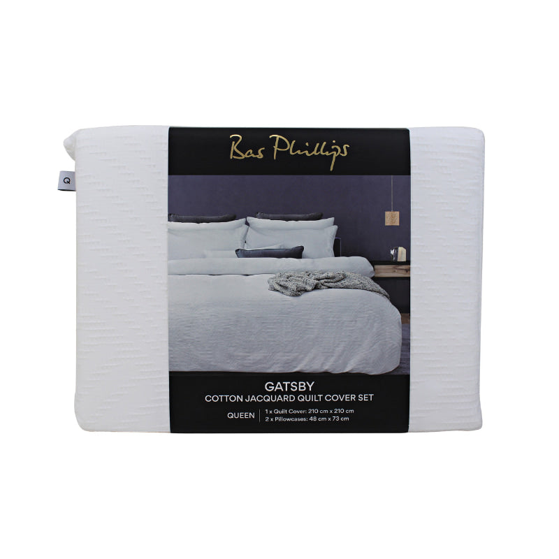 alt="Front details of a nice package of a luxurious quilt cover set available in white hue featuring a subtle yet elegant design"