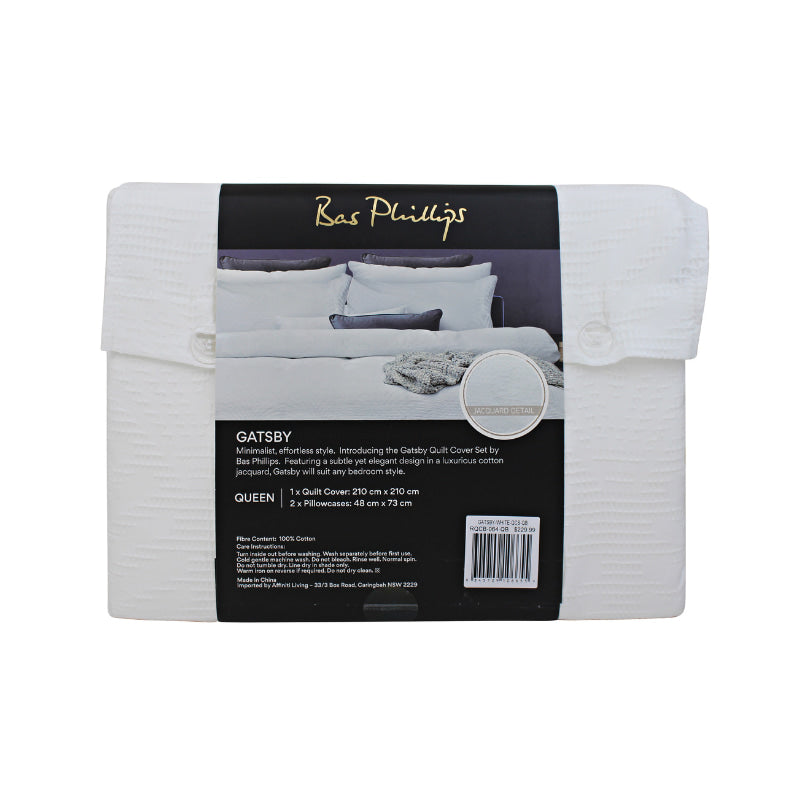 alt="Back details of a nice package of a luxurious quilt cover set available in white hue featuring a subtle yet elegant design"