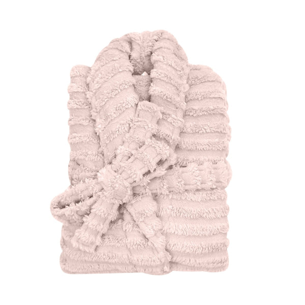 The pink Bas Phillips Haven Sherpa Ribbed Bathrobe is a cloud-soft hug that offers ultimate comfort and stylish relaxation.