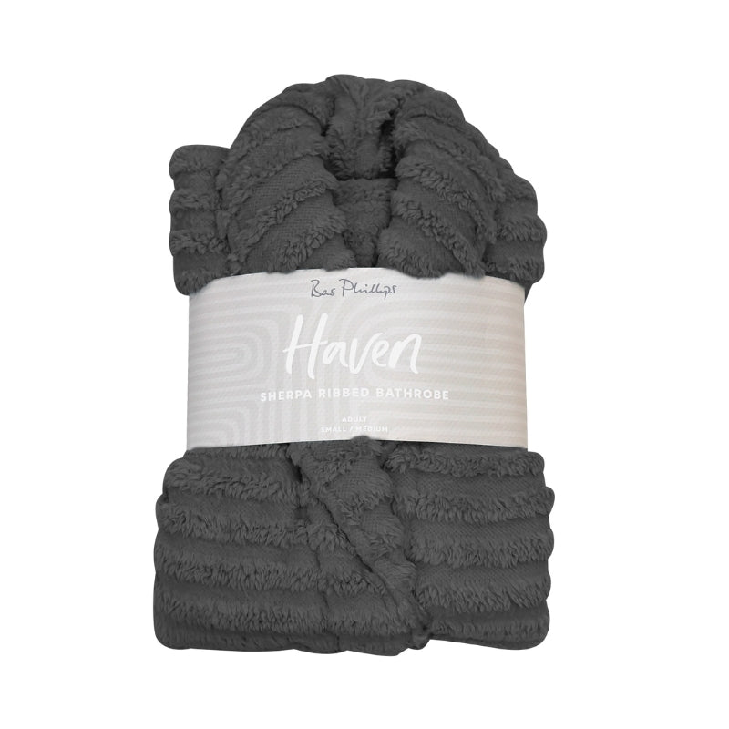 Packaging details of the charcoal Bas Phillips Haven Sherpa Ribbed Bathrobe which is a cloud-soft hug that offers ultimate comfort and stylish relaxation.