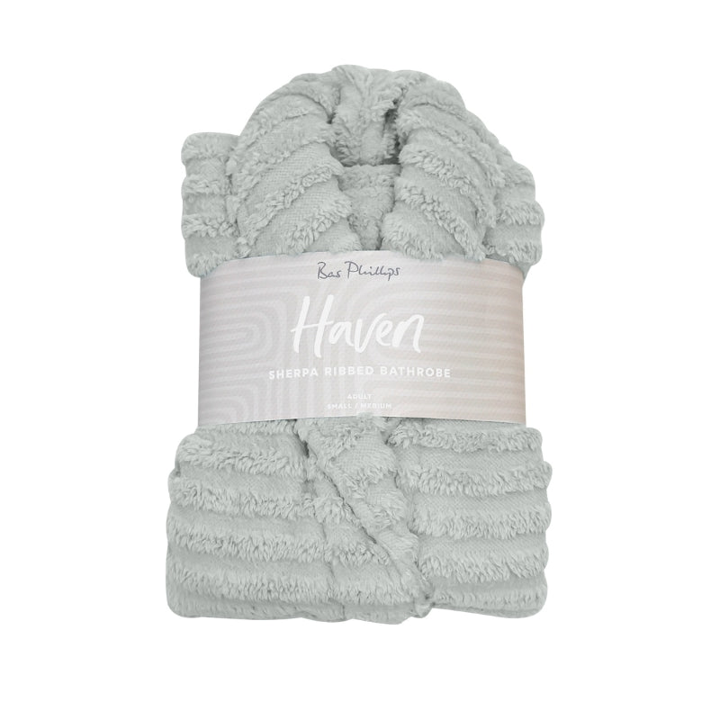 Packaging details of the silver Bas Phillips Haven Sherpa Ribbed Bathrobe which is a cloud-soft hug that offers ultimate comfort and stylish relaxation.