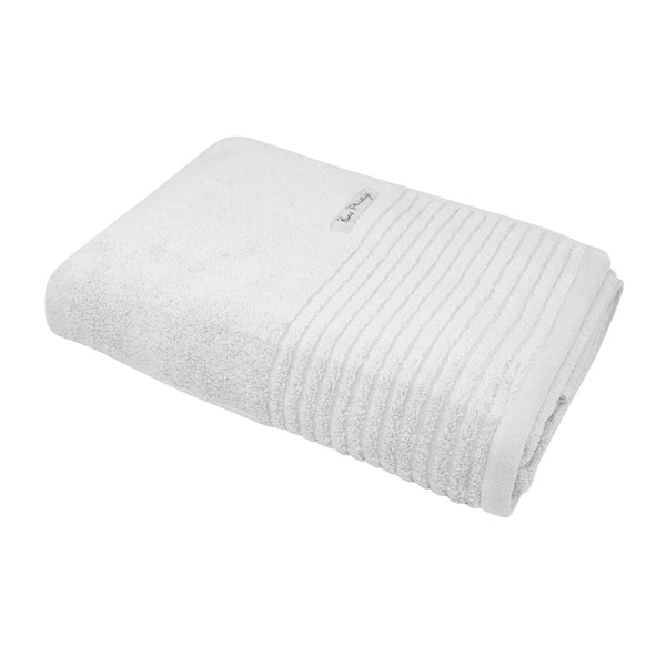 alt="A full photo details of a neatly folded white hayman bath towel showcasing its premium-quality zero twist cotton and inviting softness"