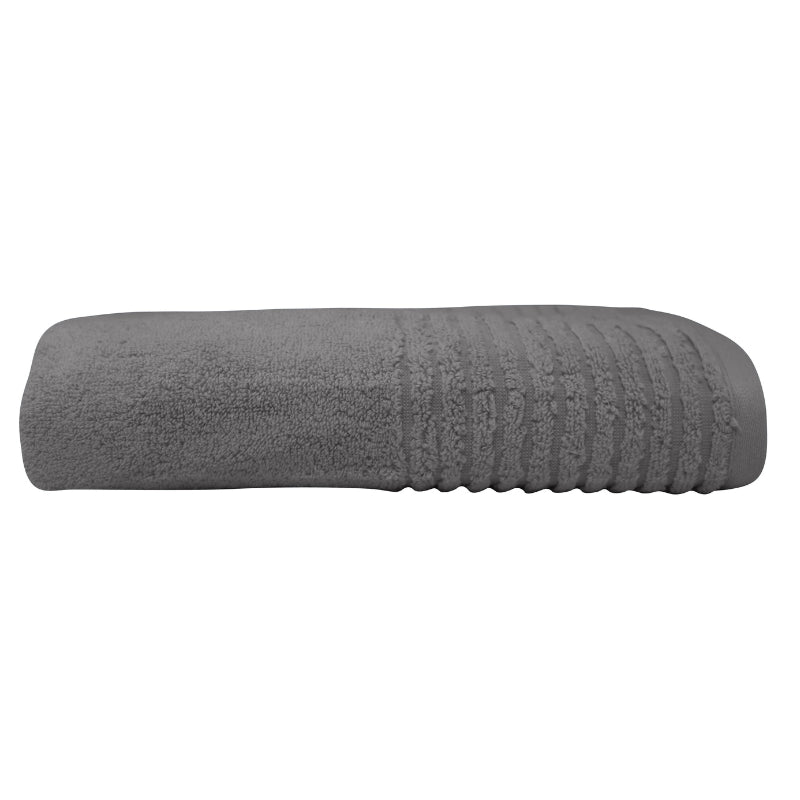 alt="A zoom-in and side photo details of a neatly folded cobblestone hayman bath towel showcasing its premium-quality zero twist cotton and inviting softness"
