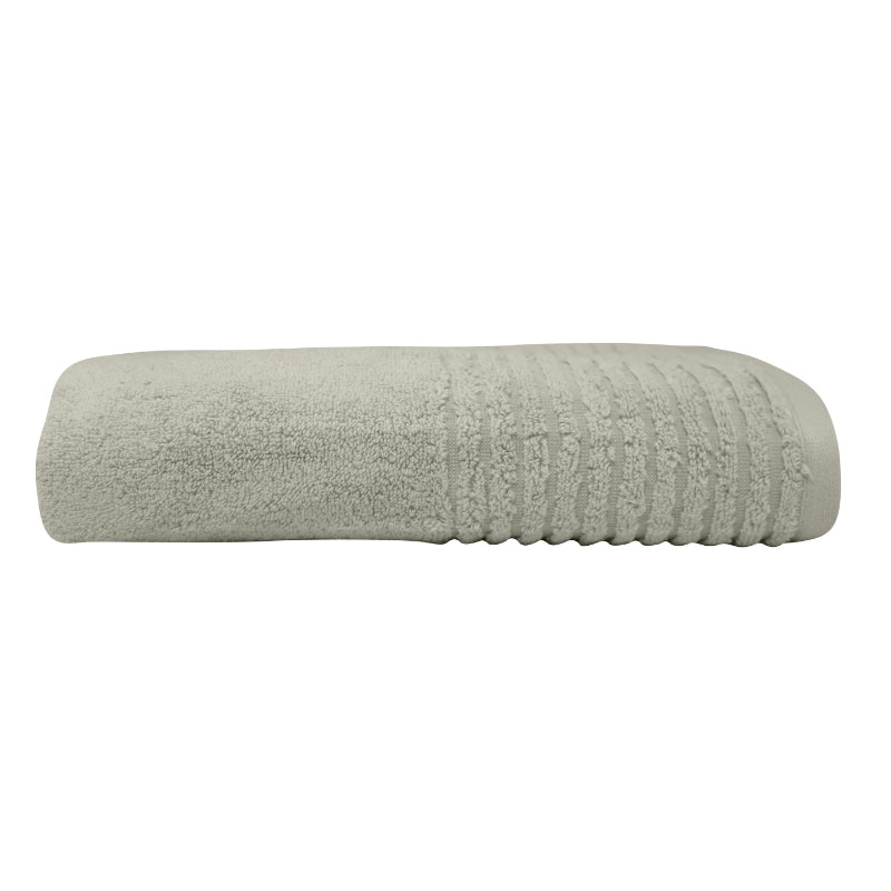 alt="A zoom-in and side photo details of a neatly folded oatmeal hayman bath towel showcasing its premium-quality zero twist cotton and inviting softness"