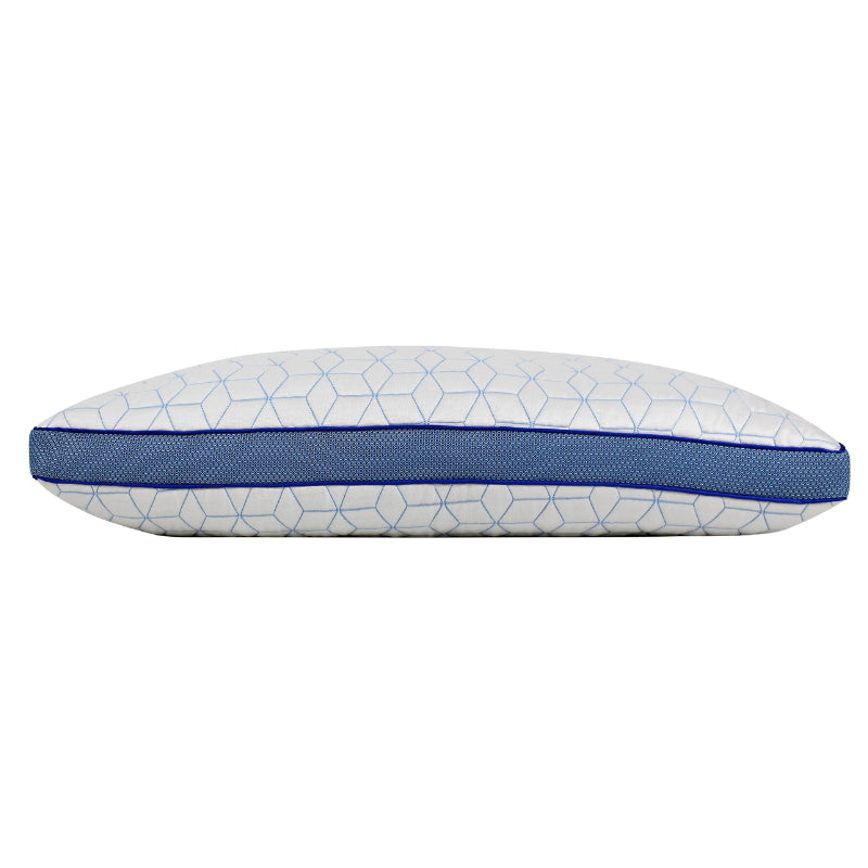 alt="Side details of a quilted pillow designed to help maintain the ideal sleep climate tempreature"