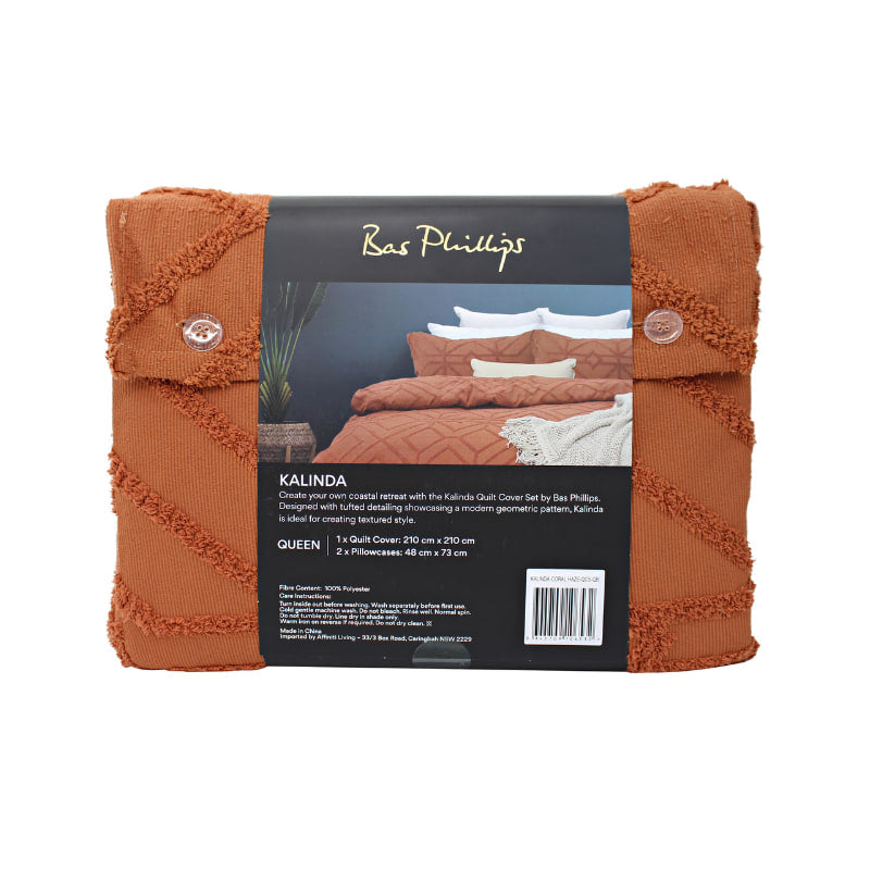 alt="Back details of a nice package of a luxurious quilt cover set in an orange hue features a captivating geometric design"