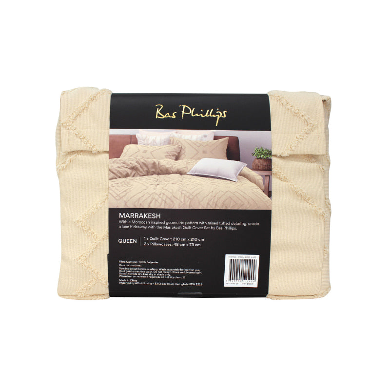 alt="Back details of a nice package of luxurious quilt cover set features a Morrocan inspired geometric pattern with tufted details"