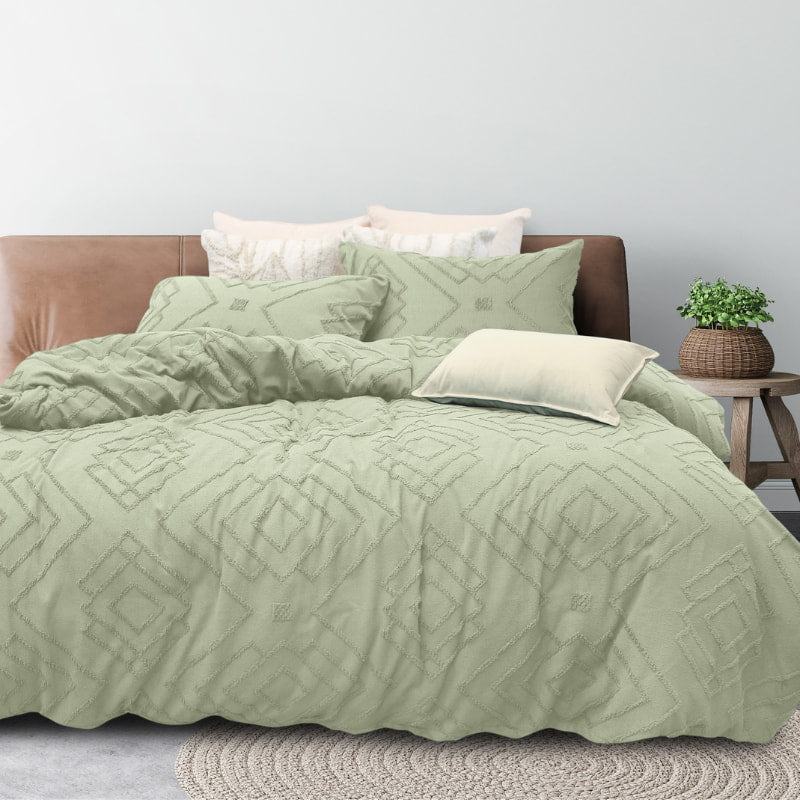 alt="Side view of a Morrocan inspired quilt cover set features a geometric design for your bedroom"