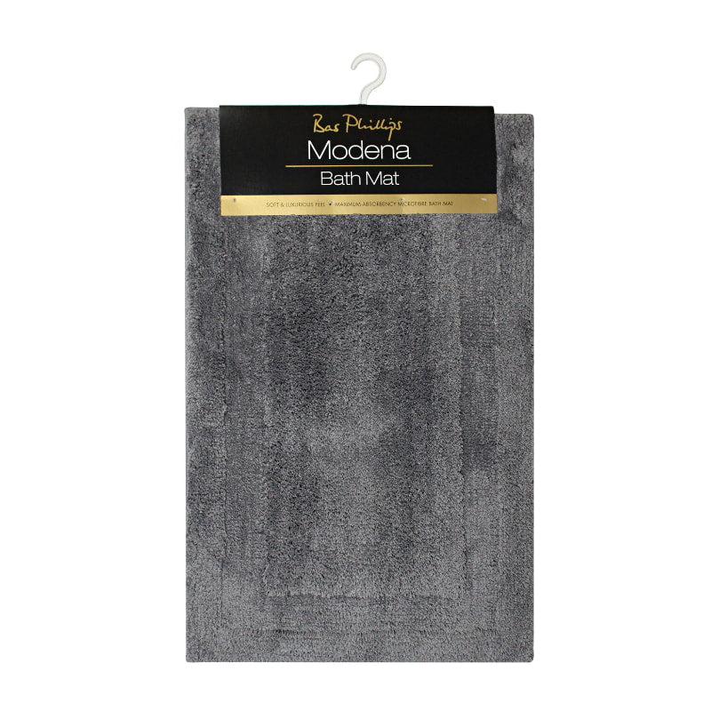 alt="Full details of cobblestone modena microfibre bath mat with a tag featuring its soft intricate design"