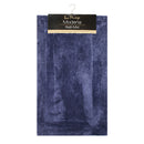 alt="Full details of navy modena microfibre bath mat with a tag featuring its soft intricate design"