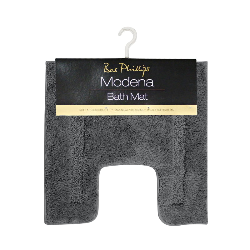 alt="An actual picture of microfibre contour bath mat in cobblestone colour hanging on a hook, showcasing its minimalistic design and inviting softness."