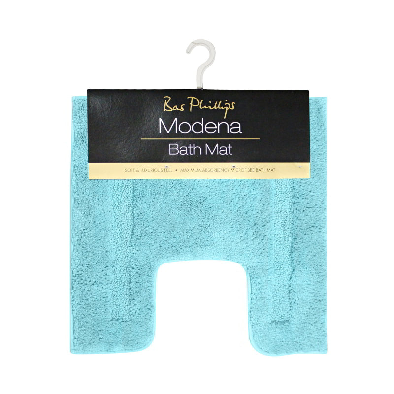 alt="An actual picture of microfibre contour bath mat in ocean colour hanging on a hook, showcasing its minimalistic design and inviting softness."
