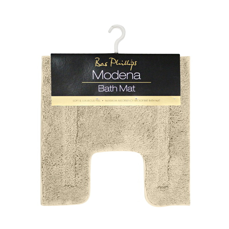 alt="An actual picture of microfibre contour bath mat in beach colour hanging on a hook, showcasing its minimalistic design and inviting softness."