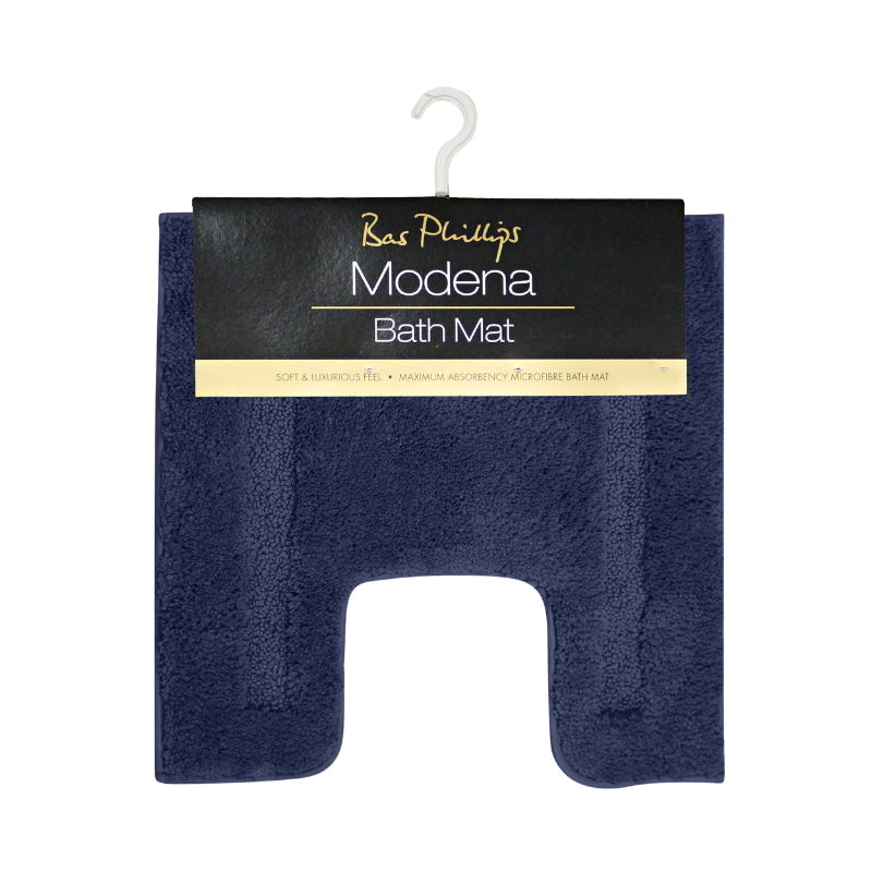 alt="An actual picture of microfibre contour bath mat in navy colour hanging on a hook, showcasing its minimalistic design and inviting softness."