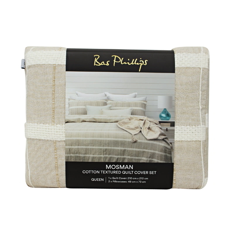alt="Front details of a nice package of a luxurious quilt cover set in a natural hue feature an exquisite textured design."