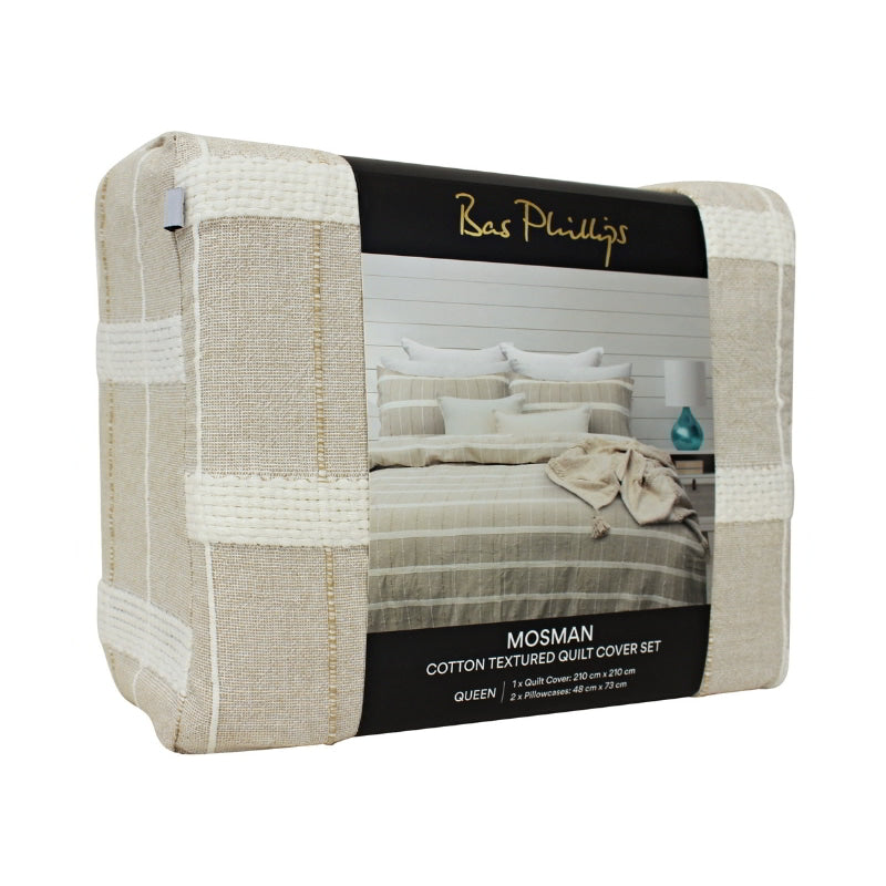 alt="Side details of a nice package of a luxurious quilt cover set in a natural hue feature an exquisite textured design."