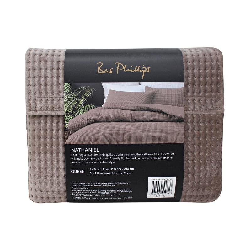 alt="Back details of a nice package of luxurious quilt cover set in a brown hue will add cosiness to your bedroom."