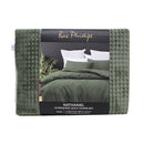 alt="Front details of a nice package of lluxurious quilt cover set in a green hue will add cosiness to your bedroom."
