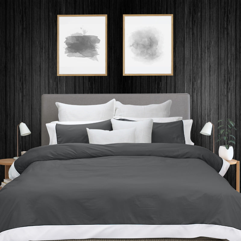 alt="Soft pure cotton quilt cover set in charcoal and white hues featuring an elegant border details"