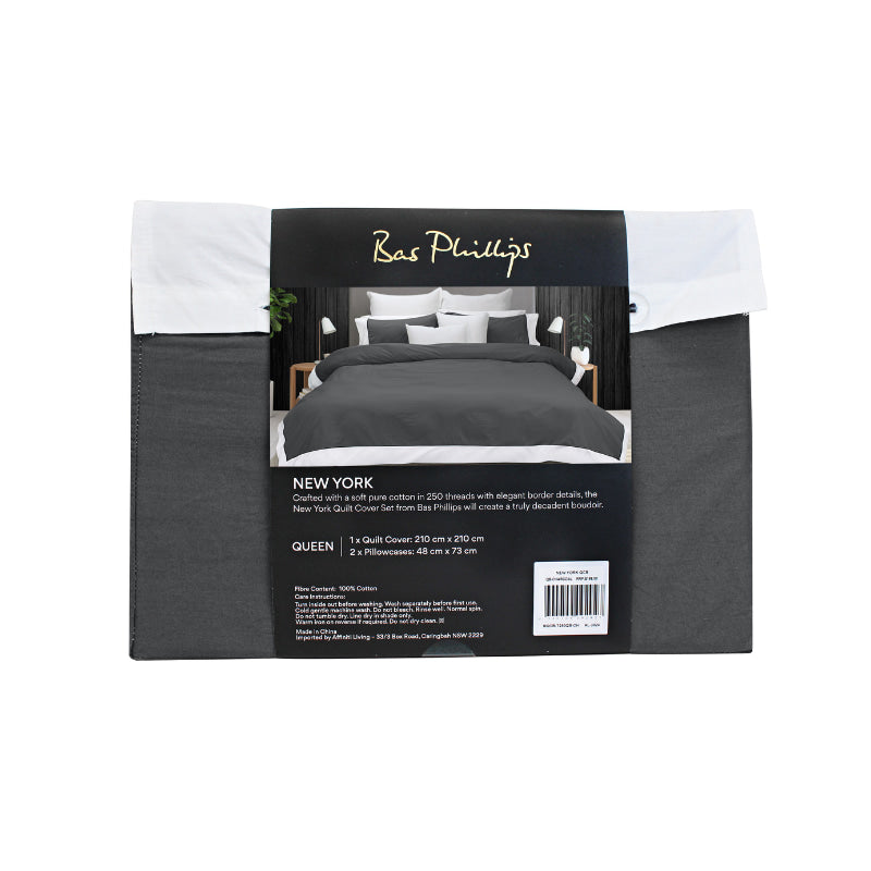 alt="Back details of a nice package of soft pure cotton quilt cover set in charcoal and white hues featuring an elegant border details"