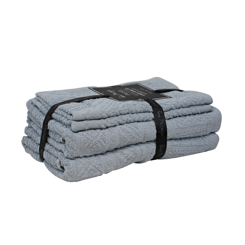alt="Packaging details of persia 4 pack towels in light blue colour featuring its premium-quality jacquard cotton and stunning design"