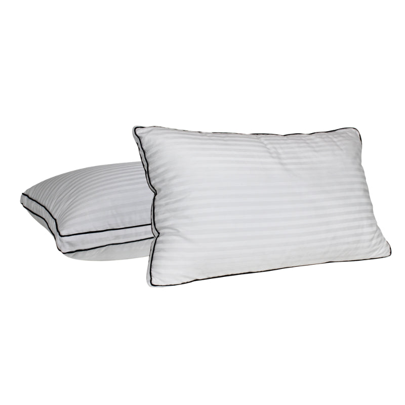 alt="2 pieces of pillow features a stylish fine striped cotton cover, elegantly finished with black piping"