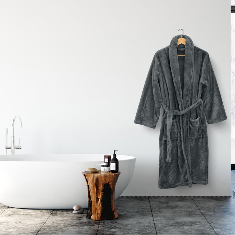 Indulge in the charcoal Bas Phillips Silk Touch Bathrobe's ultimate softness and classic charm with a snug collar, tie belt, and sizes from S to XL for a blissful at-home spa.