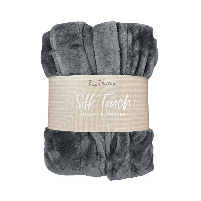 Packaging details of the charcoal Bas Phillips Silk Touch Bathrobe brings elegance and comfort together with its silk touch pile and classic collar design.