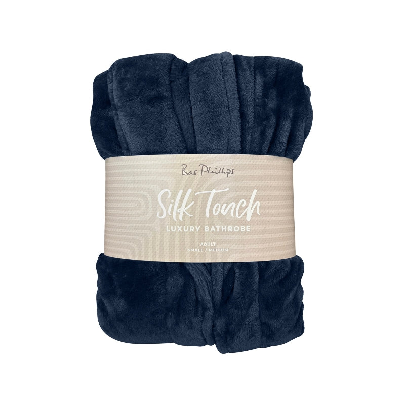 Packaging details of the navy blue Bas Phillips Silk Touch Bathrobe brings elegance and comfort together with its silk touch pile and classic collar design.