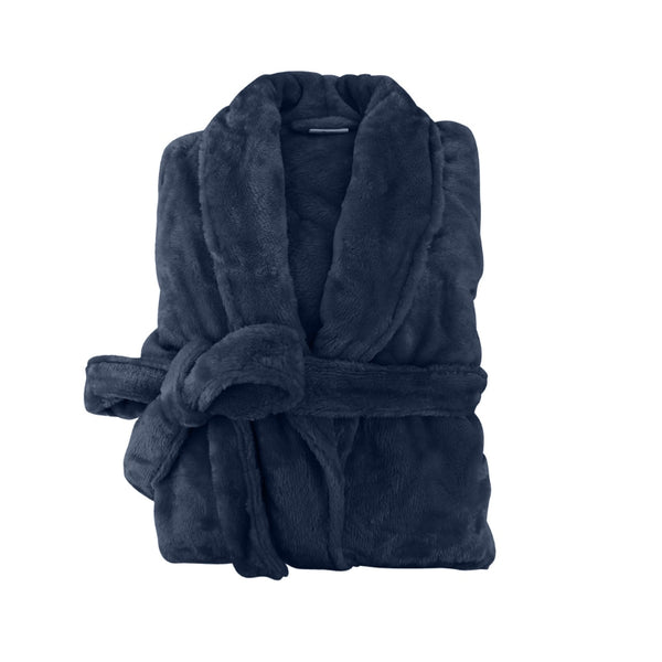 The navy blue Bas Phillips Silk Touch Bathrobe brings elegance and comfort together with its silk touch pile and classic collar design.