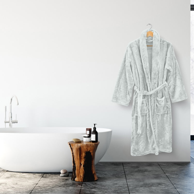 Indulge in the silver Bas Phillips Silk Touch Bathrobe's ultimate softness and classic charm with a snug collar, tie belt, and sizes from S to XL for a blissful at-home spa.