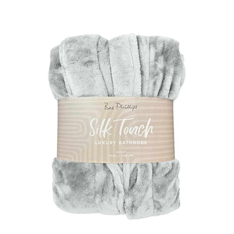 Packaging details of the silver Bas Phillips Silk Touch Bathrobe brings elegance and comfort together with its silk touch pile and classic collar design.