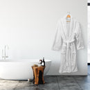 Indulge in the white Bas Phillips Silk Touch Bathrobe's ultimate softness and classic charm with a snug collar, tie belt, and sizes from S to XL for a blissful at-home spa.