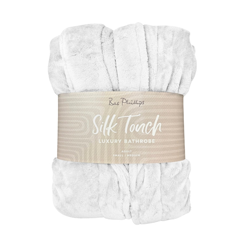 Packaging details of the white Bas Phillips Silk Touch Bathrobe brings elegance and comfort together with its silk touch pile and classic collar design.